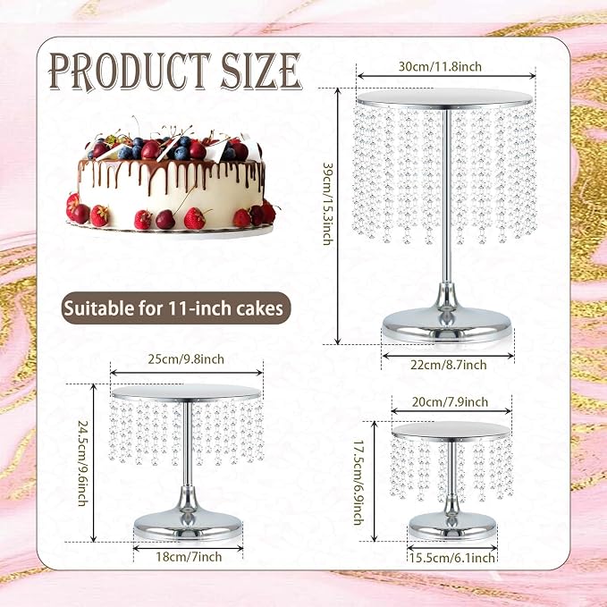 Metal Mirror Cake Stand Set with Crystal Pendants - Elegant Dessert Table Display for Weddings, Birthday Parties, Baby Showers, Events - Sturdy Crystal Bling Cupcake Stands for Pastries, Sweets, Decorations (Silver, Set of 3)
