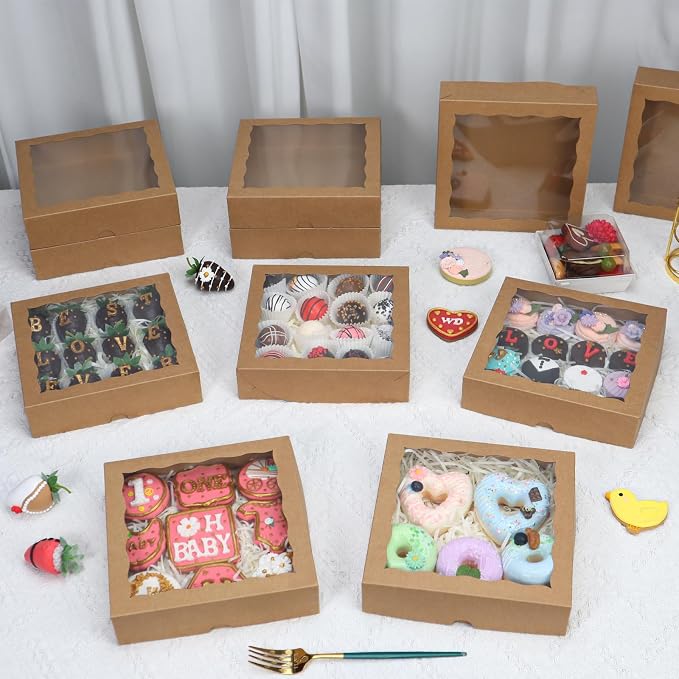 TEMLQPACK 15pcs 8x8x2 Inch Brown Bakery Boxes with Window - Christmas Cookies/Cakesicle Storage