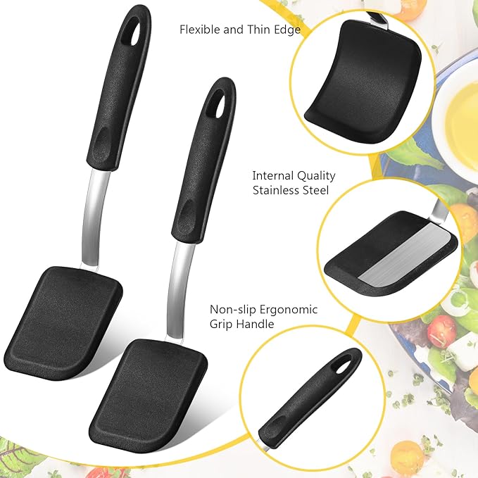 Silicone Cookie Spatula Turner 2 Pack Mini Brownie Spatula Flexible Kitchen Small Silicone Turner for Nonstick Cookware Heat Resistant No Scratch Flipper for Pancake(Solid Flat,Black)