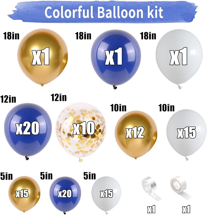 112pcs Royal Blue Gold White Balloon Arch Garland Kit, Navy Blue and Gold Balloon Arch Kit With Confetti Metallic Chrome Balloons, White Latex Matte Balloons for Graduations Birthday Party Decorations