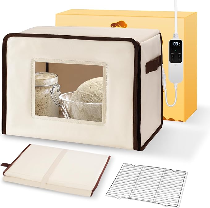 Folding Bread Proofing Box with 68-115℉ Temp Control, 2-48H Timer & 3-Sided Heating, Dough Proofing Box with Metal Rack for Sourdough Bread Baking Supplies, Pizza, Yogurt, Kombucha (Beige)