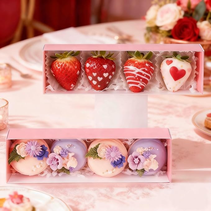 TEMLQPACK Bakery Packaging Supplies: 12Pack Pink Chocolate Covered Strawberry Box for 4, Macaron Boxes, Long Treat Box for Truffles, Cookies, Ores, Chocolate Cocoa Bombs & Cake Ball