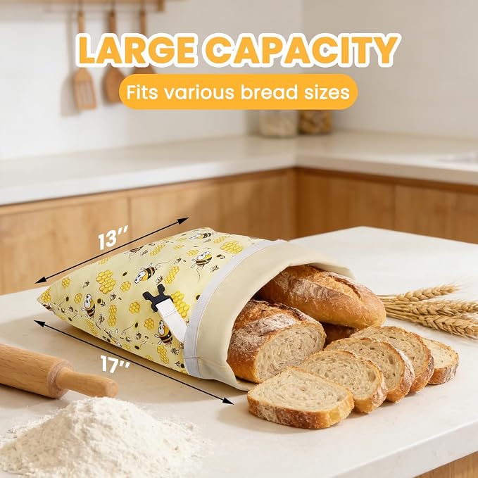 Beeswax Bread Bag for Homemade Bread Sourdough, 2 Pack Reusable Bees Waxed Infused Linen Wrap for Baguette Loaf Bread Freezer, Fresh Food Keeper Storage Container, Homesteading Essentials Yellow-Bee