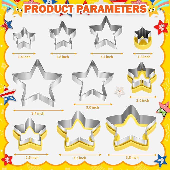 10-Piece Star Cookie Cutters Set, Food Safe Stainless Steel Baking Tools, Multi Size Cookie Cutters for DIY Baking, Fondant, Sandwiches, Holiday Party Treats