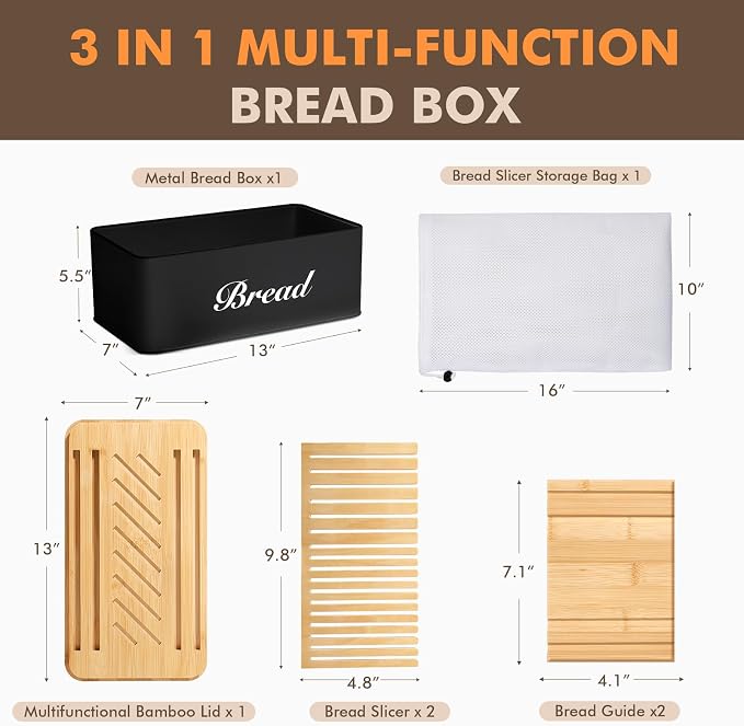 RYTOXILO Bread Slicer with Black Bread Box, Bread Storage Container for Kitchen Countertop with Multifunction Bamboo Lid, 3 in 1 Breadbox for Loaf Slicing & Tray, Bread Holder for Kitchen