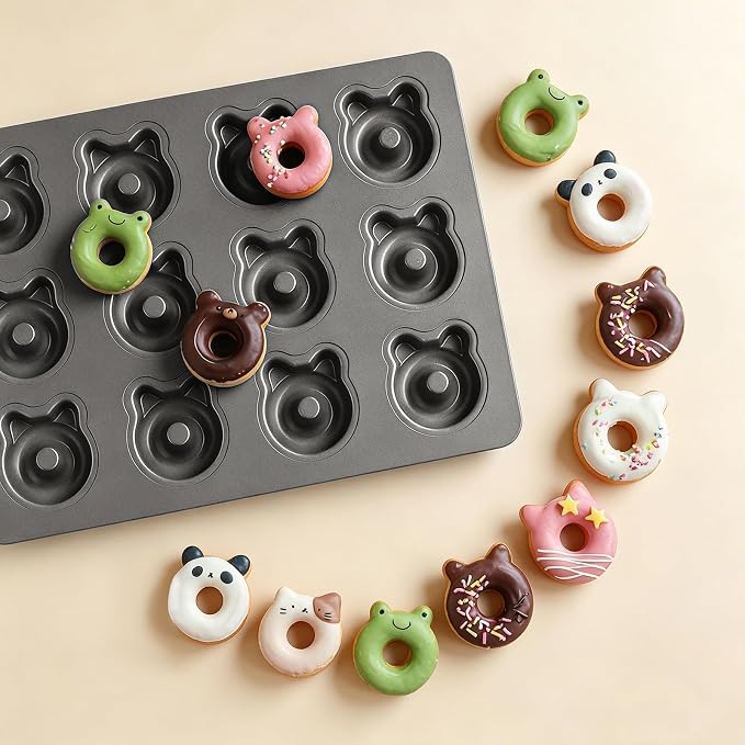 Donut Pans, 2" Non-Stick Cat & Bear-Shaped Donut Mold Cake Pan, 12 Cup Carbon Steel Doughnut Pan for Home Baking