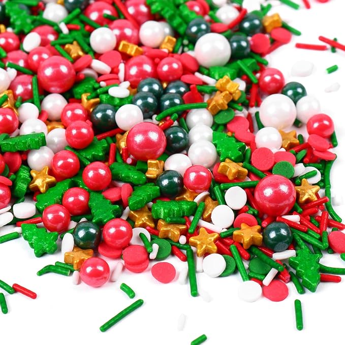 Christmas Sprinkles for Cake Decorating 7 ounce Edible Christmas Tree Star Red Green Pearls Sugar Jimmies Confetti Holiday Sprinkles for Cupcake Toppers, Cookie, Ice Cream Decorations Christmas Party