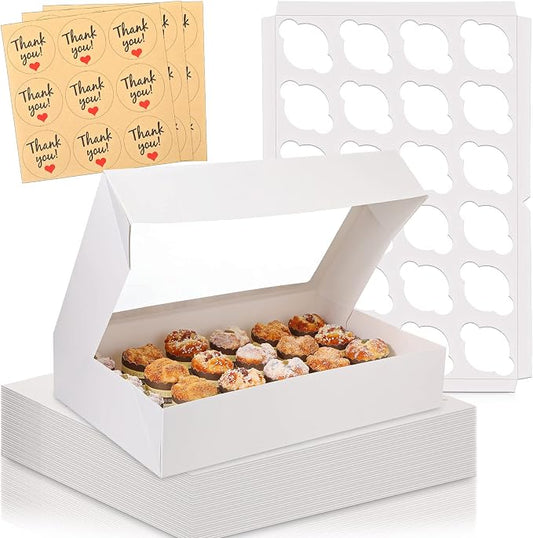Fuutreo 5 Pack White Mini Cupcake Boxes with Window 21 x 13 x 4 Inches 24 Count Auto Pop up Large Cookie Boxes Cupcake Containers with Thank You Label Stickers for Muffins Pastries Donuts Cookies