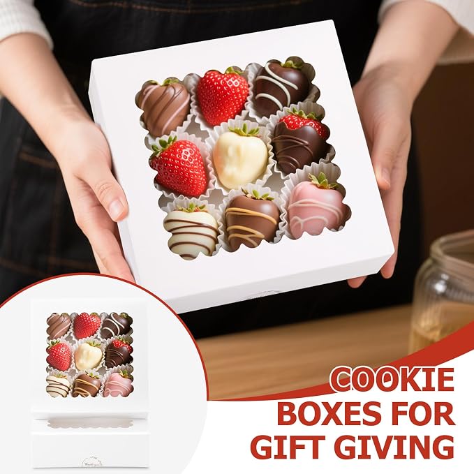20 Pcs Chocolate Covered Strawberry Boxes with Window, Auto-Pop-Up 8x8x2.5 inches White Treat Boxes for Bakery,Pastry, Cookie, Dessert, Donut and Muffin