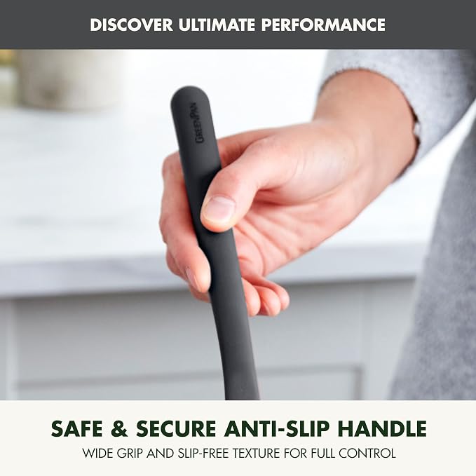 GreenPan Silicone Fish Turner Spatula, Slotted Cooking Kitchen Utensil, Flexible Rubber Nonstick Cookware, Rigid Steel Core, Heat-Resistant, Anti-Slip Handle, BPA-Free, Dishwasher Safe, Gray