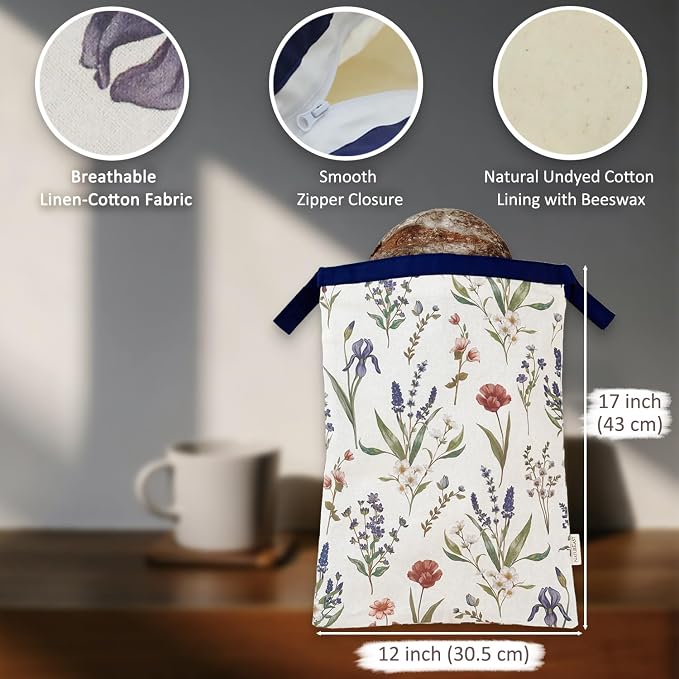 Set of 2 Reusable Zippered Linen Cotton Beeswax Bread Bags for Sourdough XL x 2, to Keep Bread and Food Fresh, All Natural Materials, Homemade Bread Storage, Freezer Safe, Baking Gift