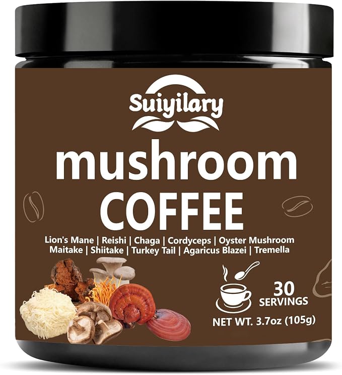 Suiyilary 10 Mushroom Coffee with Arabica w, Lion's Mane, Reishi, Mushroom Polysaccharides & More, Instant Mushrooms Powder for Focus, Immunity Boost, Memory & Clarity - 30 Servings