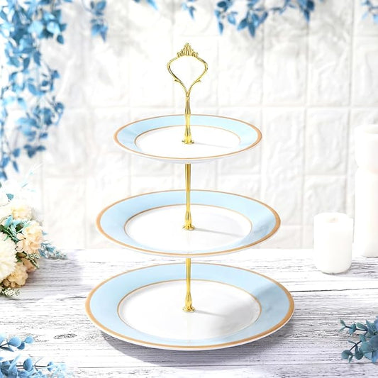 CHENGU 3 Tier Cupcake Stand Blue Ceramic with Gold Frame, 10" 9" 7" Dessert Tower for Baby Shower Birthday Wedding Tea Party, Tiered Cake Holder Display for Cupcakes Pastries Fruits