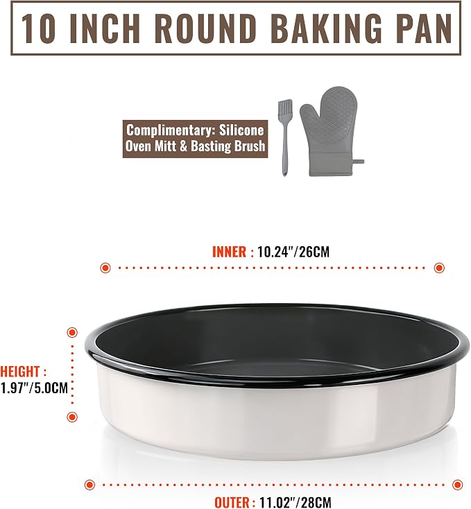 10 inch Enamel Cake Pan Round Roasting Pan Roaster Tray Non-Stick High Temperature Resistance Cookware for Baking Bread Pie, Easy-To-Clean Oven Dishwasher Safe Birthday Gift Pan