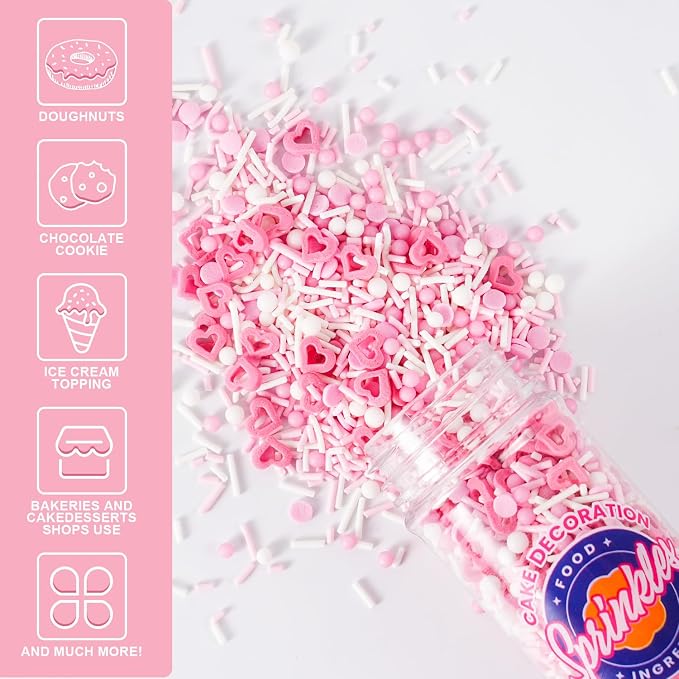 Dye Free Sprinkles Valentine Sprinkles Pink Heart No Artificial Dyes Natural Confetti Jimmies Pearl Sugar Sprinkles for Valentine‘s Day Cake Decorations Baby Shower, Cookies, Fondant Cake, Dessert Toppings, 4.2oz