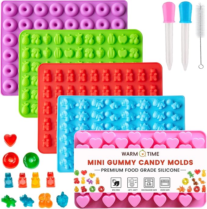WARM TIME Gummy Bear Candy Molds Silicone, Mini Gummy Molds with 2 Droppers & 1 Cleaning Brush, Food Grade Non-Stick Silicone Molds Including Heart, Dinosaur, Bear, Donut, and Fruit, Set of 5