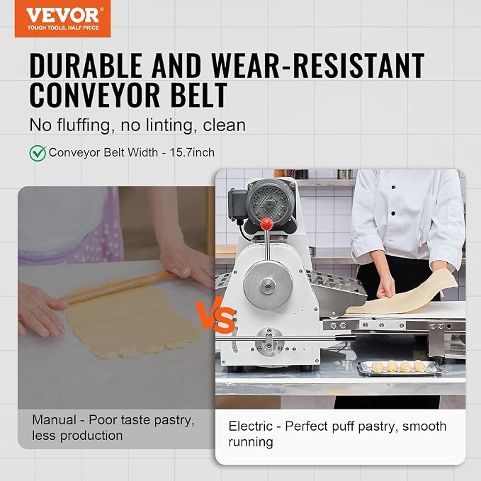 VEVOR Commercial Dough Sheeter Machine, 15.7-Inch Reversible Puff Pastry Sheeter and Fondant Roller, Electric Dough Roller 0-1.4" Adjustable Thickness, Folding Dough Sheeter for Bakeries, Pastries