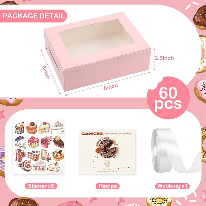 OAMCEG 60 Pack Cookie Boxes with Window, 8x6x2.5 Inch Bakery Treat Boxes for Christmas Holiday Gift Giving, Desserts, Donuts, Pastries-Pink