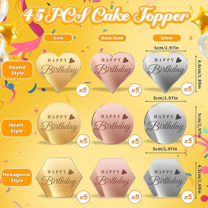 45PCS Happy Birthday Cake Toppers, Mirror Acrylic Cupcake Toppers 3 Multi-shape & 3 Different Color Custom Cupcake Picks for Birthday Party Anniversary Pastries Decorations