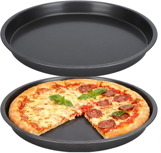 2Pcs 12 inch Pizza Pan for Oven, Thickened Carbon Steel Pizza Pan Non Stick Deep Dish Pizza Pan Round Baking Tray Bakeware for Home Kitchen Baking Cookie Pie Pizza Cake, Dishwasher Safe(12in)