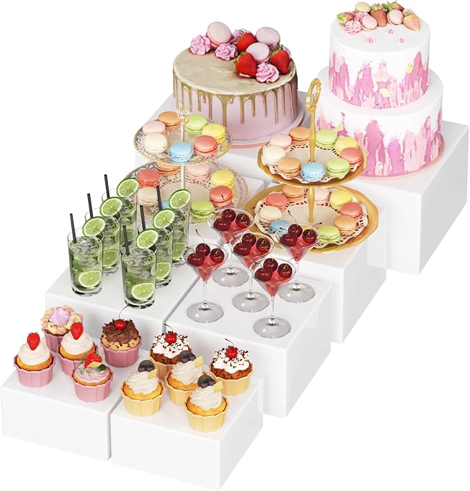 Lifewit 4 PCS Buffet Risers and Stands, (7",7.8",8.3",10") Food Risers for Buffet Table, Catering Dessert Cake Holder for Party, Collectibles Jewelry Display Shelf, Nesting Cube Boxes, White