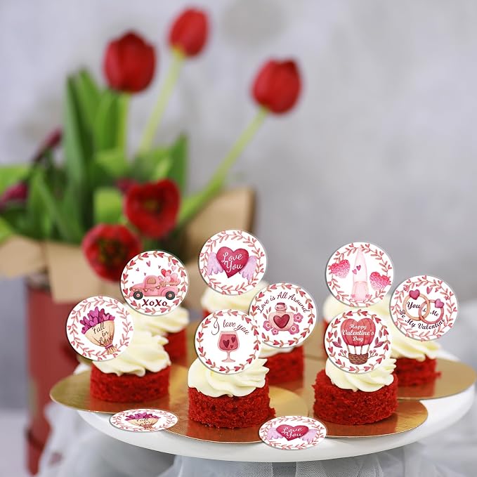 48PCS Edible Happy Valentine's Day Cupcake Toppers Wafer Paper I Love You Cupcake Picks Be My Valentine Cake Decor for Valentine's Day Theme Party Decor Supplies
