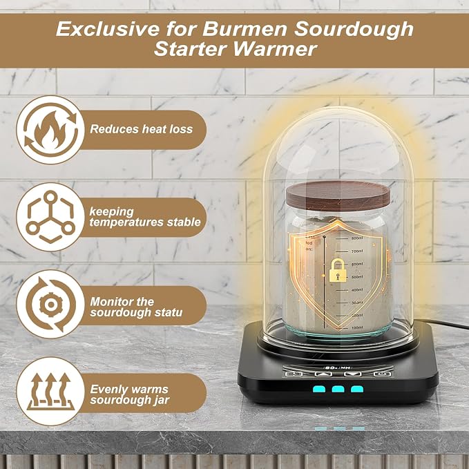 Sourdough Starter Warmer with Glass Dome, Warming Heating Pad Mat for Sour Dough Starter, Sourdough Heater Proofing Tool for Jars 24oz 34oz 40oz (Wood Grain)