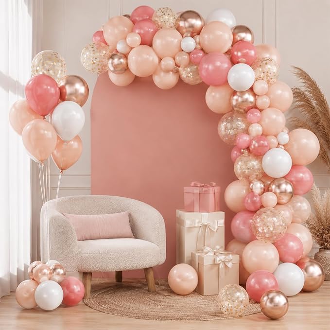 Dusty Blush Pink and Gold Balloon Arch Kit, Cream Rose Pink Balloon Garland Kit with Metallic Champagne Gold and Confetti Balloons, Beige Boho White Balloons for Wedding Bridal Birthday Decorations