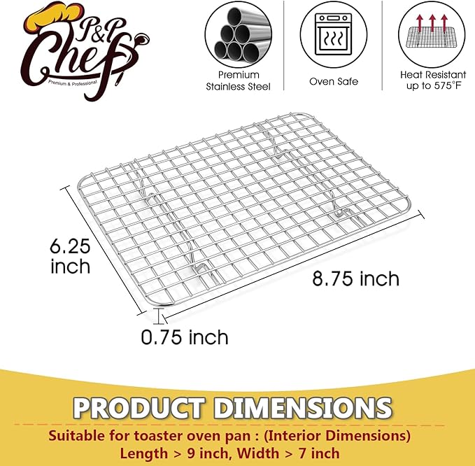 P&P CHEF 8.75 Inch Cooling Baking Rack Set of 2, Stainless Steel Grid Cooking Racks for Roasting Drying Grilling, Oven & Dishwasher Safe, Heavy Duty & Healthy