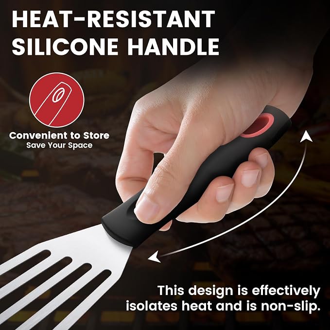 Silicone Fish Spatula, Heat Resistant Silicone Edge for Nonstick Cookware, Fish Turner for Kitchen Use, Flexible and Thin Stainless Steel Slotted Spatula,12.2 * 3.42 Inch, Black