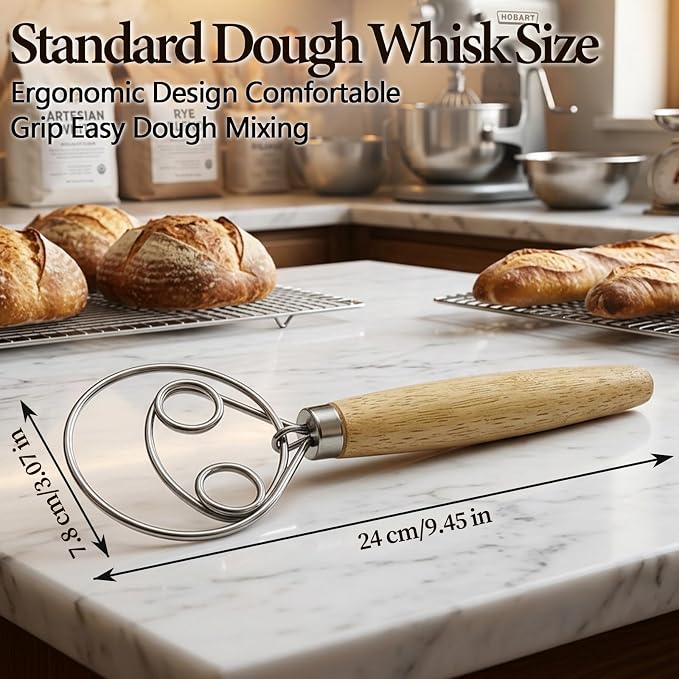 Danish Dough Whisk for Sourdough Bread, Stainless Steel with Wooden Handle, Manual Mixer Tool for No Knead Bread, Pizza and Baking