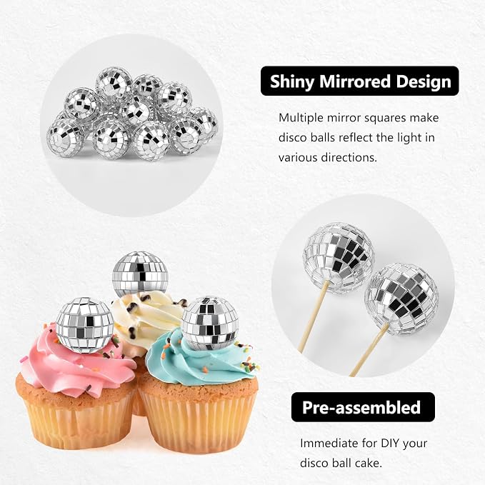 Soelomu 24 Pcs Disco Ball Cupcake Toppers, Mini Disco Ball Cake Picks Birthday Cake Decorations for 1970s Disco Theme Party Favor