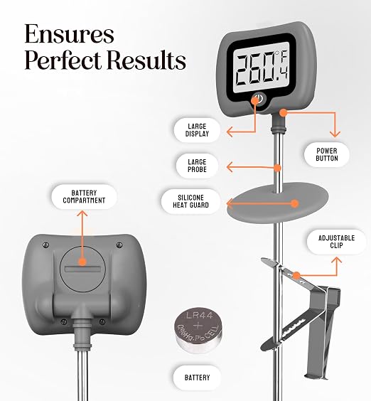 Digital Candy Thermometer with Pot Clip, 10" Long Stainless Steel Probe, Instant Read Kitchen Thermometer for Cooking, Baking, and Candy Making (Gray)