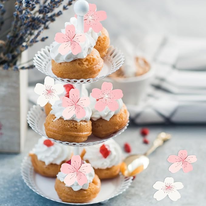 60 Pcs Edible Cherry Blossom Cake Decorations Edible Flowers Cupcake Topper Wafer Paper Flowers Cake Toppers for Cherry Baby Shower Kids Birthday Party Food Decorations Supplies Pink