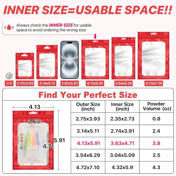100 Pack Smell Proof Bags, Resealable Packaging Mylar Bags, Heat Seal Bags with Frosted Clear Window, Foil Pouch Smell Proof Zipper Bag for Food Storage (Red, 4.13 x 5.91)
