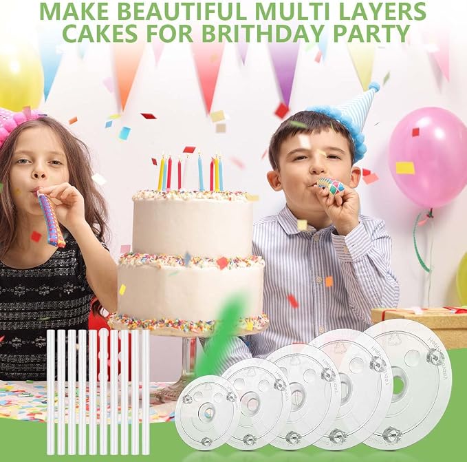 KISEER 5 Pieces Cake Separator Plates Stands with 24 Pieces Plastic Cake Dowels Rods and 15 Pieces Clear Cake Sticks Support Stacking for 4 6 8 10 12 Inch Tiered Cakes