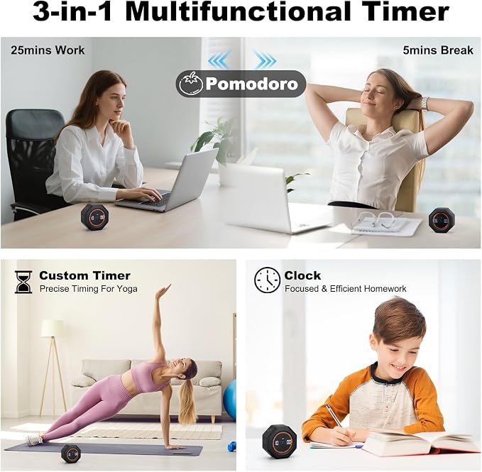 Small Productivity Timer - Pomodoro Timer with 3/5/10/25/60 Min Presets & Custom Countdown | Magnetic Rechargeable Digital Clock for Desk, Study and Games (Black)