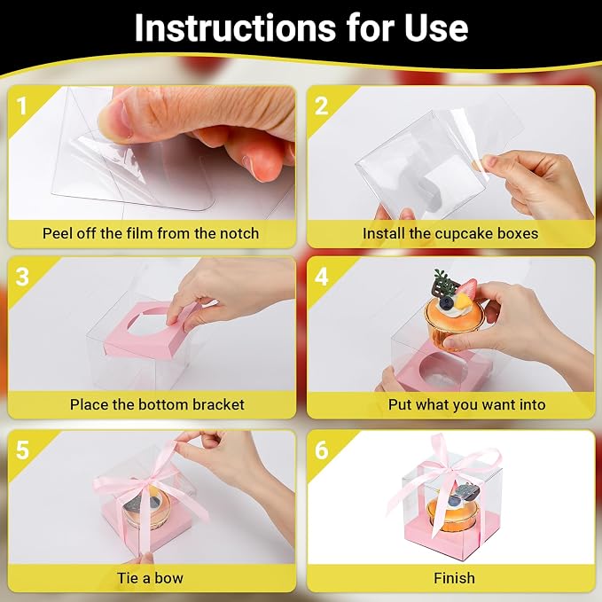 EUSOAR Plastic Clear Cupcake Holder, 24pcs 3.5 Inch Pink Single Cupcake Carrier with Ribbon and Inserts, Cupcake Carrier Storage for Cake Dessert Cupcake Boxes for Wedding Birthday Party Favor