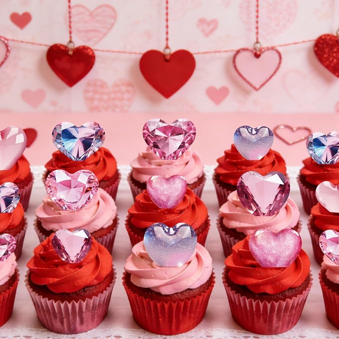 56PCS Edible Crystal Heart Cupcake Toppers Wafer Paper Pink Diamond Heart Cupcake Picks Be Mine Cake Decor for Valentine's Day Theme Engagement Party Decoration Supplies