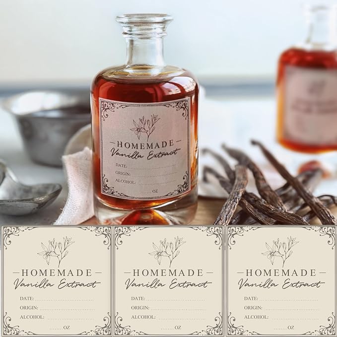 3 * 3 inch Vanilla Extract Labels - 12Pcs Square Homemade Vanilla Extract Stickers, Holiday Gift Stickers for Handcrafted Vanilla Bottles Tags, Fits 2oz, 4oz, 8oz or 16oz Bottles (3x3, 12, Count)