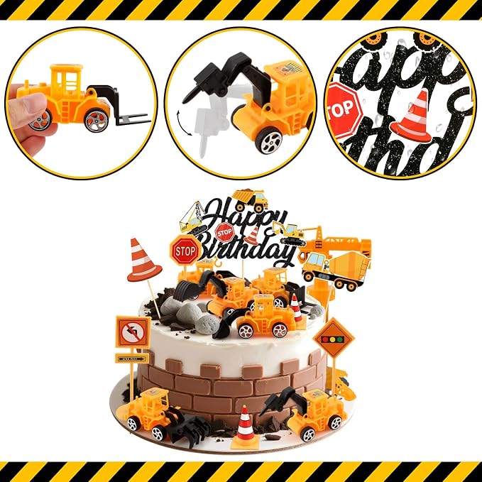 21PCS Construction Cake Toppers Truck Cake Decoration Set Excavator Tractor Tower Crane Cupcake Topper Traffic and Road Sign for Construction Happy Birthday Party Supplies