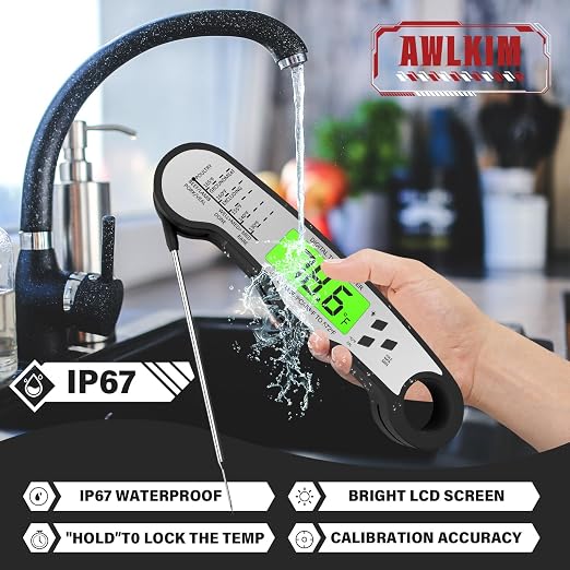 AWLKIM Digital Meat Thermometer, Instant Read Thermometer, Black | Grill, BBQ, candy and baking thermometer with backlit display, foldable probe and magnetic storage.