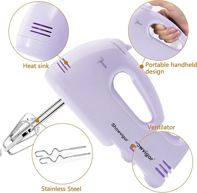 Handmixer Electric Handheld - 7 Speed Portable Kitchen Mixer Electric with 5 Stainless Steel Accessories Whisk, Food Beater for Whipping Mixing Cookies Cakes Eggs, Pueple