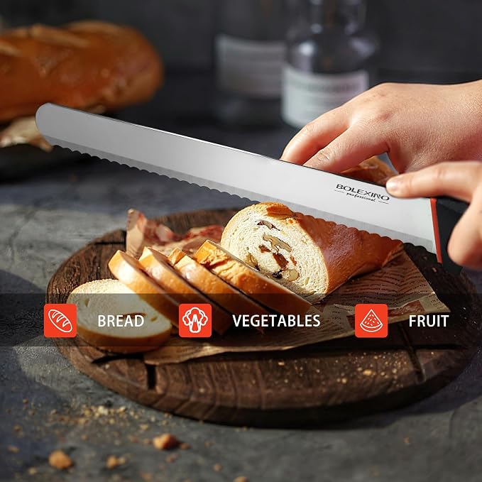 12 Inch Wavy Edge Serrated Bread Knife With Non-Slip Softgrip, Sharp & Long Blade For Homemade Bread, Crusty Breads, Cake, Bagel, Japanese High Carbon Stainless Steel