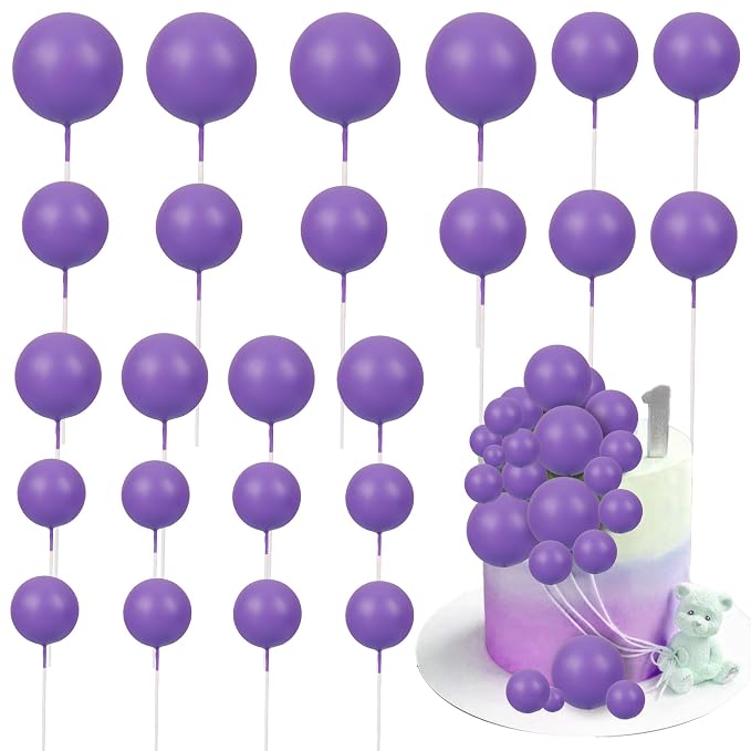 Gyufise 30Pcs Balls Cake Toppers Ball Cake Picks Foam Ball Shaped Cupcake Toppers Mini Balloons Baby Shower Cake Decorations for Wedding Enaggement Bridal Shower Birthday Party Supplies Purple