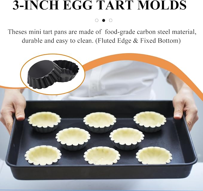 Tart Pan with Removable Bottom, Quiche Pans Carbon Steel Tart Mold for Baking (3-Inch Fixed Bottom-8PCS)