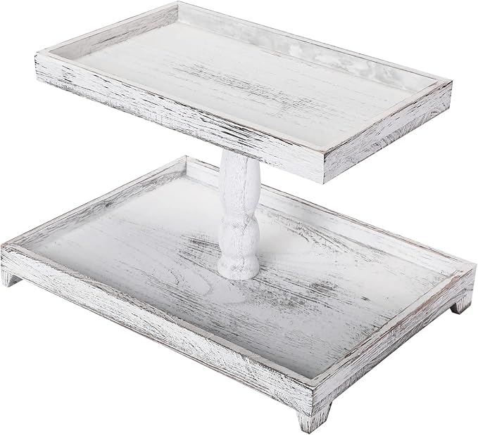 Yalikop Farmhouse Tiered Tray Stand - Wooden Rustic 2 Tier Rectangular Tray Serving Stand for House Kitchen Cake(White)