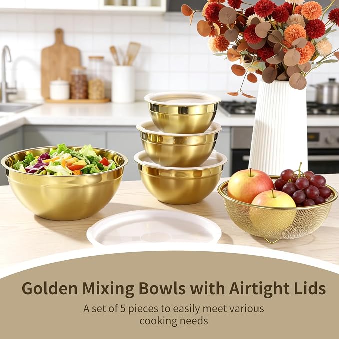 5 PCS Golden Mixing Bowls, Stainless Steel Salad Bowls with Airtight Lids, Mirror Finish Nested Mixing Bowl Set with Mesh Strainer, 4 Bowl Sizes for Baking, Meal Prep, Food Serving