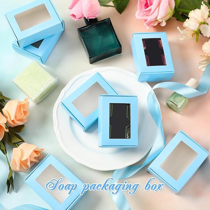 Zonon 60 Pcs Soap Boxes for Homemade Packaging, Mini Kraft Boxes with Window for Bakery Candy Soap Making Gift Packaging, 3.7x2.6x1.4 Inch (Blue)