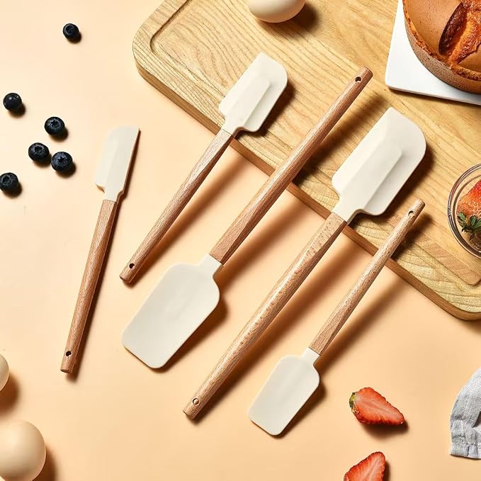 Silicone Spatula Set 5-Piece, Food Grade Heat Resistant 600°F, Wooden Handle Kitchen Utensils for Non-Stick Cookware, BPA Free Baking & Cooking Scraper Set (White)